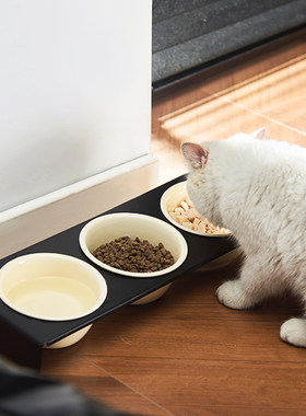 猫碗陶瓷猫食盆碳钢架宠物饭碗水碗一体猫咪粮碗专用三碗不易打翻