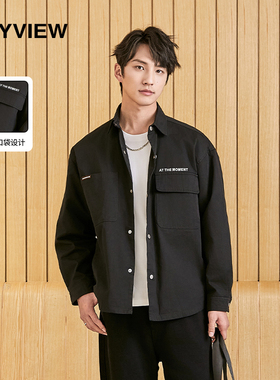 美式高街衬衫型工装外套男春季潮牌字母印花翻领夹克休闲百搭上衣