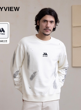 Anyview专柜同款重磅圆领卫衣男春秋外套泼墨刺绣宽松长袖上衣