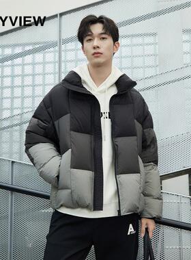 Anyview专柜同款秋冬立领男士渐变拼色辑格羽绒服面包服外套