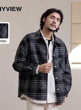Anyview专柜同款格子呢大衣休闲翻领夹克式短款大衣外套痞帅秋冬