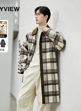 冬季新款韩风格子中长款羊毛呢大衣男士长袖加厚斜肩设计撞色