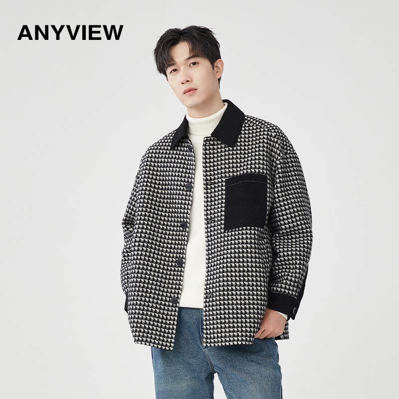 ANYVIEW专柜同款男士短款呢大衣翻领撞色短外套黑白格子大衣时尚