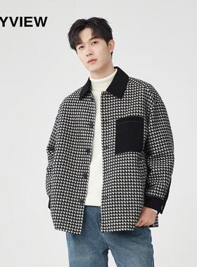 ANYVIEW专柜同款男士短款呢大衣翻领撞色短外套黑白格子大衣时尚
