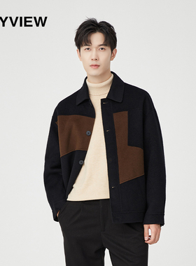 ANYVIEW男装[专柜同款]短款呢大衣翻领拼色撞色呢子外套休闲商务
