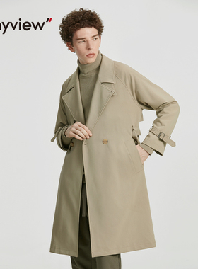 Anyview男装休闲青年中长款双排扣纯色英伦腰带风衣V2231F6003