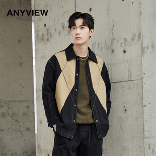 型拼色上衣撞色翻领短款 设计师款 版 夹克衬衫 外套潮男穿搭Bi备 男士