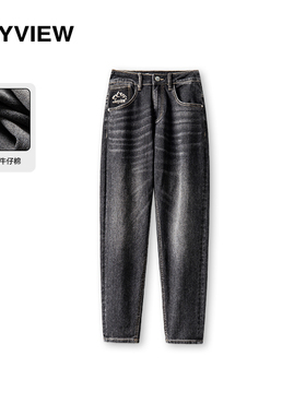 2024春装新款男士牛仔裤复古韩版做旧锥型小脚裤字母刺绣中腰