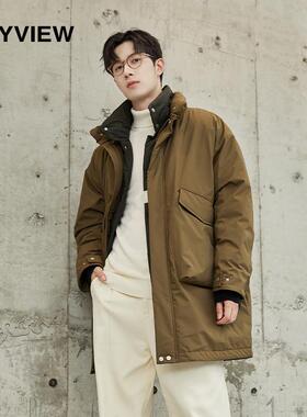 专柜同款ANYVIEW中长款立领羽绒服90绒时尚大口袋撞色宽松保暖