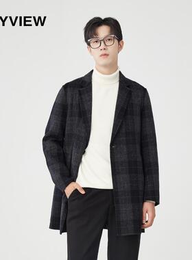 ANYVIEW专柜同款男士双面呢大衣西装领格子大衣中长款轻商务大衣