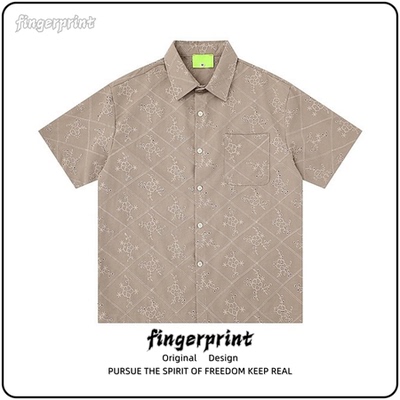 美式复古休闲短袖衬衫男夏季宽松肌理感格纹刺绣透气破洞衬衣2026