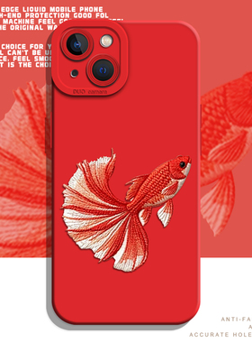 刺绣锦鲤适用小米17promax手机壳note15pro+金鱼14红米k90k80至尊k70k60红色turbo4好运13针织12s秋冬11t女10