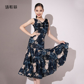 语歌菲摩登舞裙表演连衣裙V领印花无袖 女童高级交谊舞华尔兹舞裙