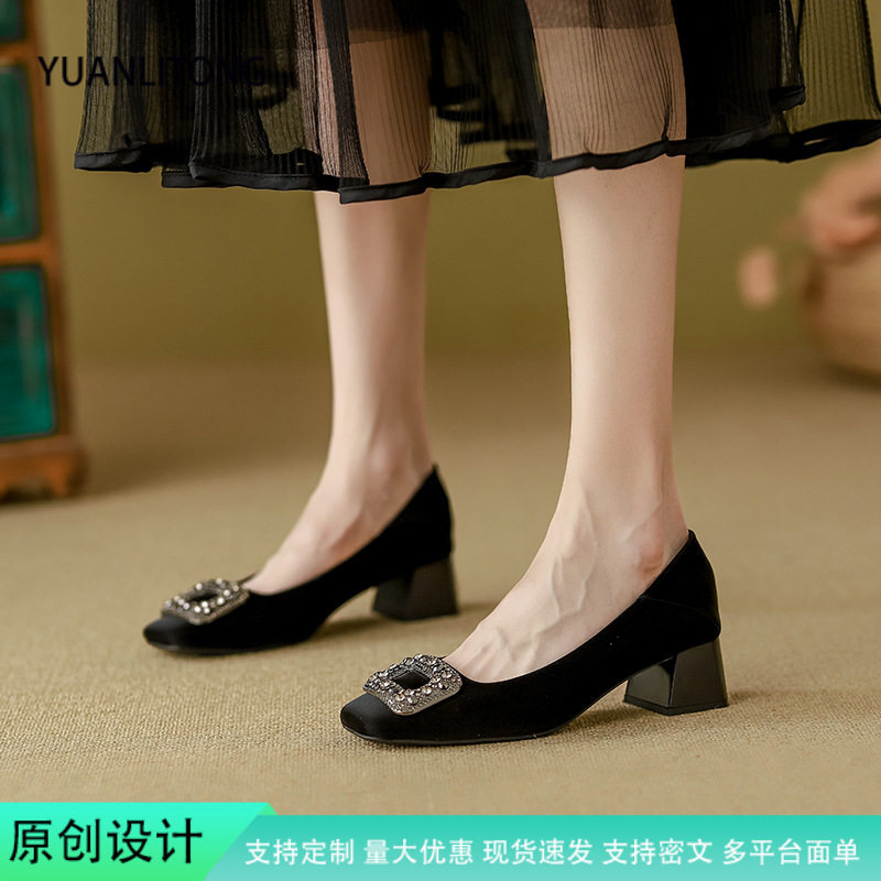 羊皮版~高跟鞋女时尚外穿感粗跟单鞋女2025正装职业女鞋方扣