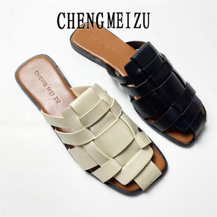 成美足2024夏季新款镂空女鞋平底外穿凉拖鞋时尚懒人包头半拖凉鞋