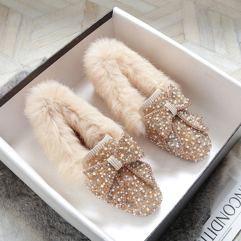 一脚蹬外穿豆豆鞋女蝴蝶结2025冬款水钻棉鞋小香风单鞋加绒毛毛鞋,女鞋,棉鞋,淘宝优惠券,粉丝福利购,淘宝优惠卷