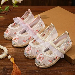 汉服鞋子女童国风鞋夏季配裙子凉鞋古装复古鞋镂空绣花鞋网纱布鞋