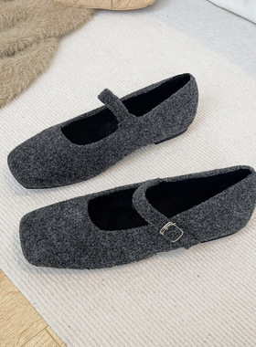 法式灰色毛毛鞋女冬外穿平底玛丽珍豆豆鞋加绒单鞋大码女鞋41到43