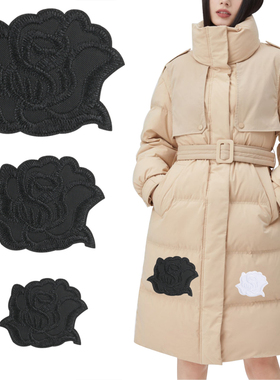 黑白色羽绒服修补贴自粘玫瑰花大中小号花朵补丁贴免烫刺绣布贴花