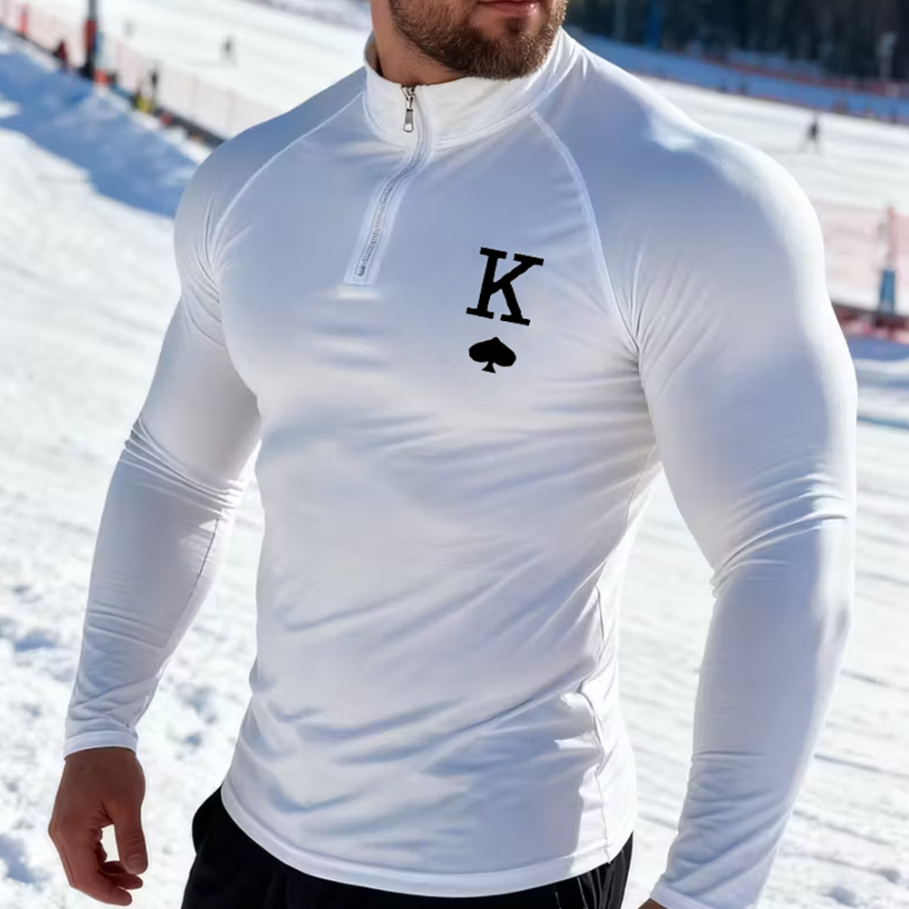 黑桃K速干高弹紧身长袖美式半拉链立领压缩衣体能训练健美t恤白色