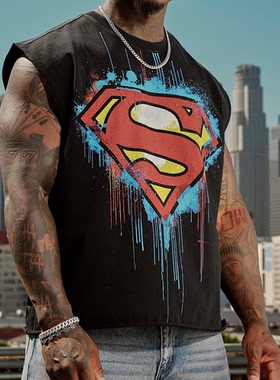 Superman联名YOUNGLA宽松棉质背心潮流大印花超大无袖t恤运动上衣