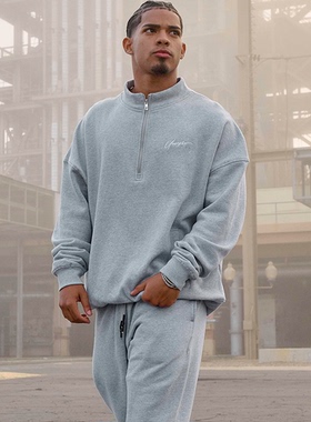 YOUNGLA秋冬季男半拉链立领卫衣超大宽松灰色休闲长袖跑步篮球服