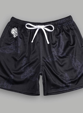 WOLVES夏季速干网眼短裤美式潮流印花休闲五分裤晨跑训练中裤黑色