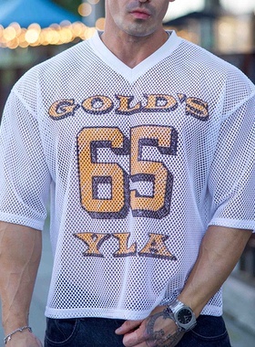 YLA联名GOLDS速干网眼宽松V领短袖大印花户外休闲t恤跑步上衣夏季