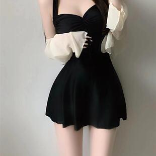 连体裙式 防晒游泳装 显瘦 两件套泡温泉遮肉保守高级感长袖 泳衣女款