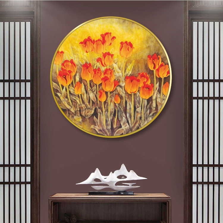 郁金香晶瓷画欧式铝合金圆形客厅沙发墙画玄关装饰画展厅走廊挂画图片