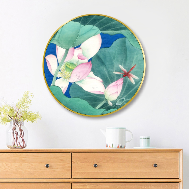 荷花蜻蜓晶瓷画铝合金圆形客厅沙发墙画玄关装饰画展厅走廊挂画图片