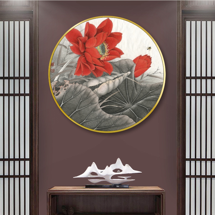 荷花小鸟晶瓷画铝合金圆形客厅沙发墙画玄关装饰画展厅走廊挂画图片