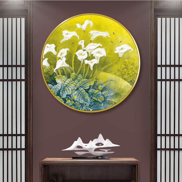 工笔马蹄莲晶瓷画铝合金圆形客厅卧室沙发墙画玄关装饰画走廊挂画