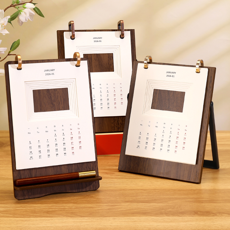 2026年新款台历定制创意中国风高档木质月历订制桌面摆件马年台历日历创意记事本年历计划本公司企业定做LOGO