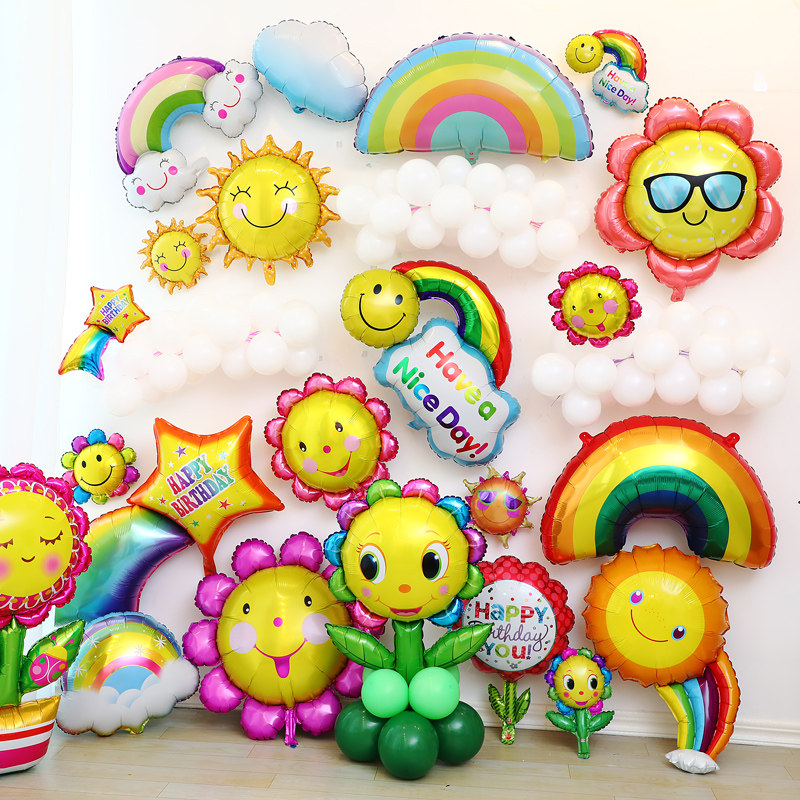 幼儿园活动装饰铝膜气球彩虹太阳笑脸派对宝宝生日周岁布派对布置