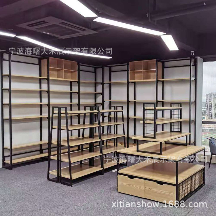 宁波外贸公司样品间钢木结构陈列展示架日用品小百货展示货架