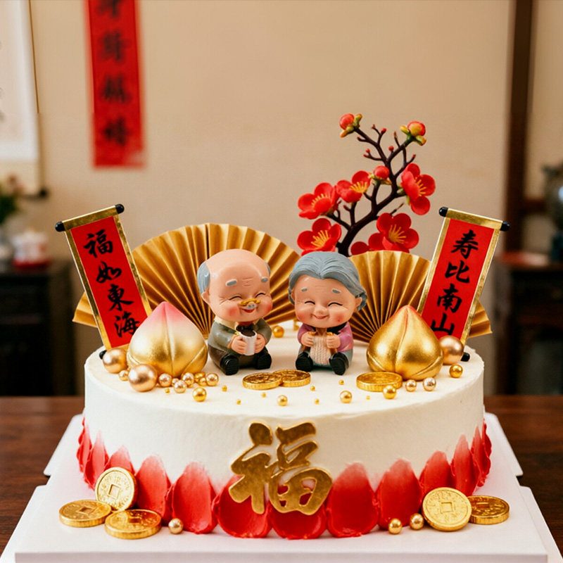 中式织毛衣奶奶祝寿生日蛋糕装饰烘焙摆件水杯爷爷蛋糕摆件装扮