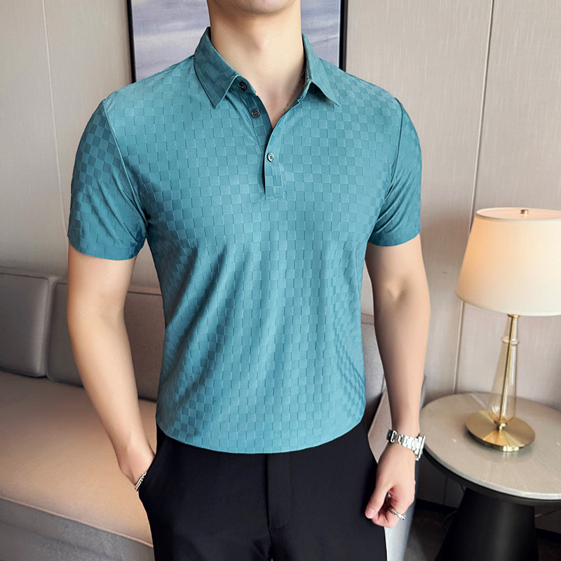 棋盘格冰丝无痕PLO衫高弹上衣男短袖2813-P58,男装Polo衫,星座1606