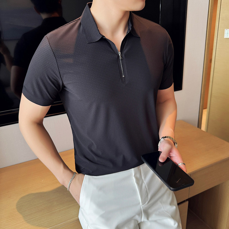 华夫格冰丝无痕PLO衫拉链上衣男短袖2815-P63,男装Polo衫,星座1606