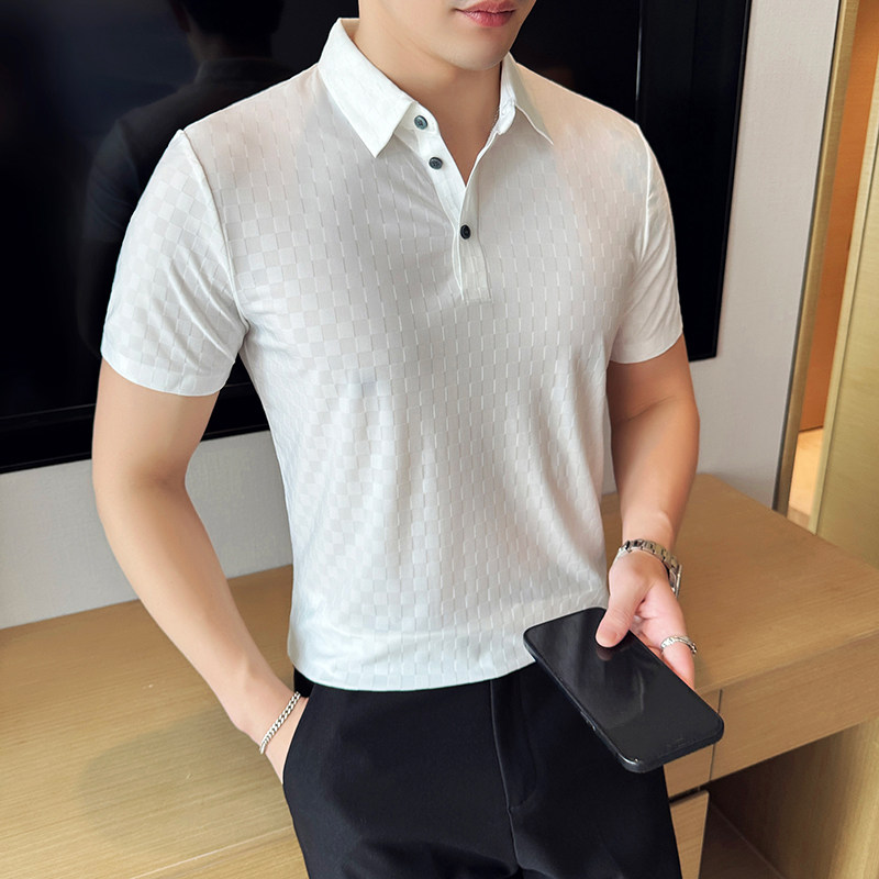 棋盘格冰丝无痕PLO衫高弹上衣男短袖2813-P58,男装Polo衫,星座1606
