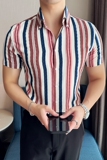 夏季新款韩版修身时尚彩色条纹衬衫短袖上衣男2812-P58，男装衬衫，星座1606