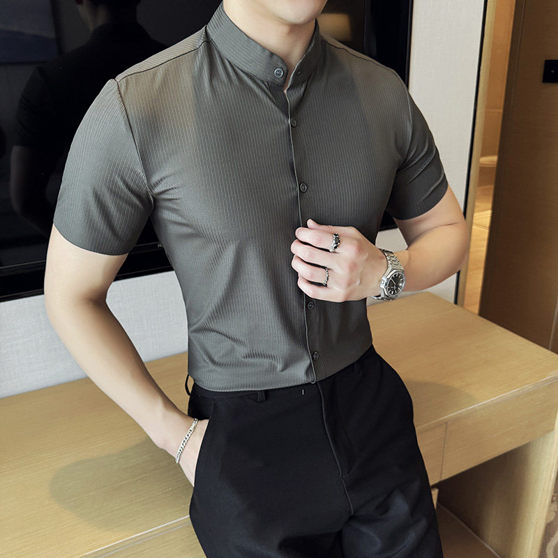 中式立领无痕衬衫冰丝暗条纹修身高级短袖衬衣2806-P63,男装衬衫,星座1606