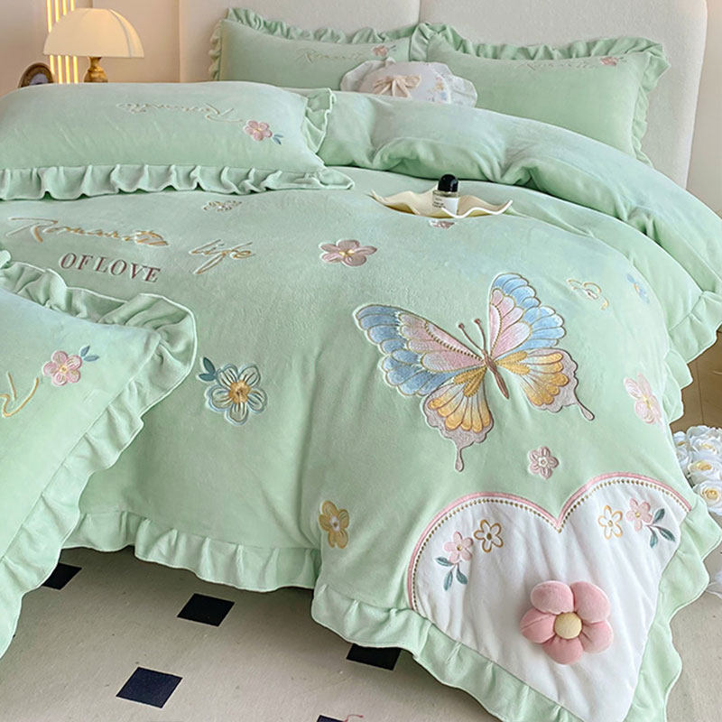 冬季公主风牛奶绒四件套双面加厚加绒珊瑚法兰绒花边刺绣被套床单,床上用品,床品套件/四件套/多件套,淘宝优惠券,粉丝福利购,淘宝优惠卷