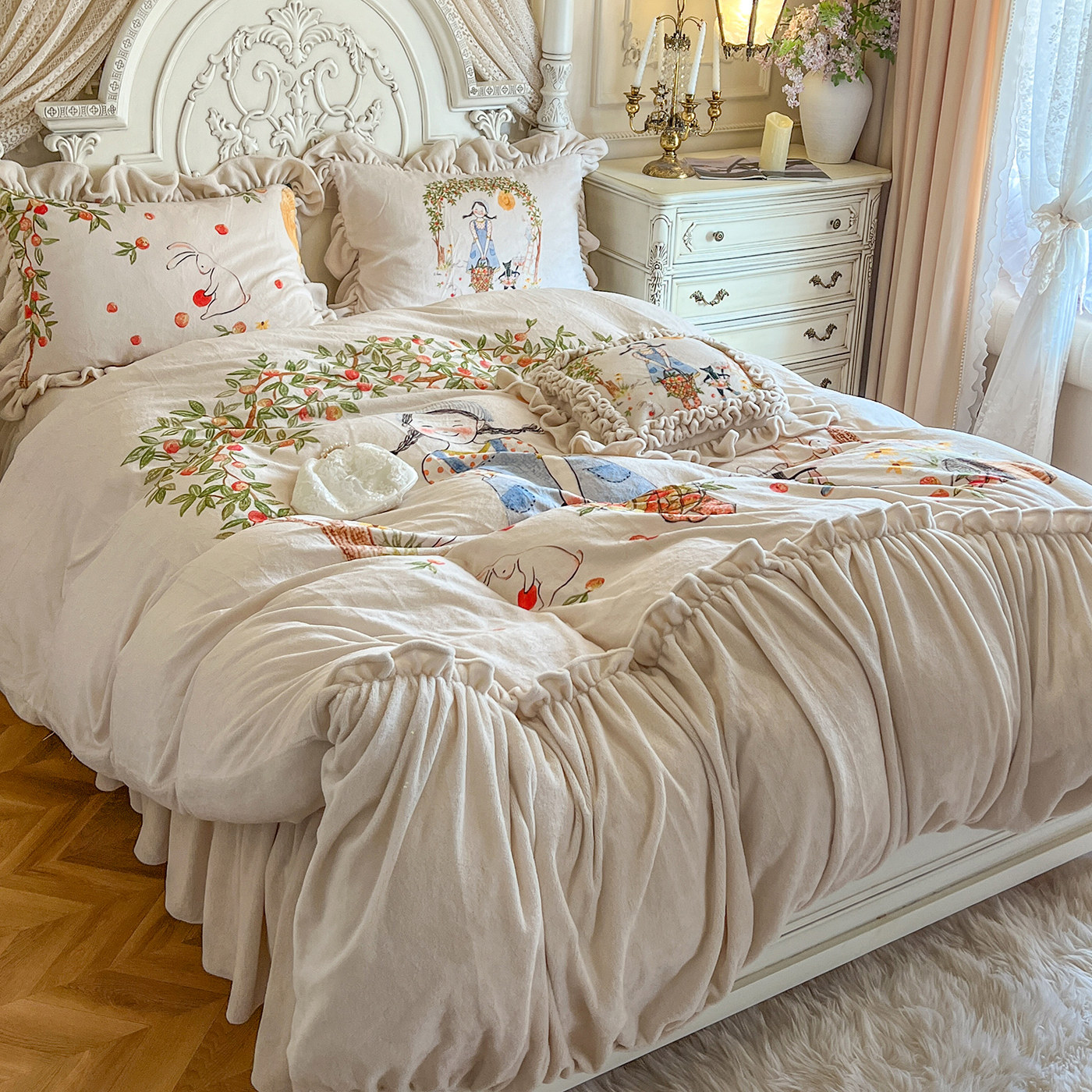 法式少女牛奶绒加厚四件套雕花