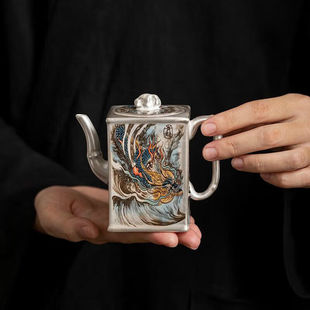 桐谷四神兽直筒茶壶周鸿杰大师银上作画鎏银功夫茶具家用送礼高档