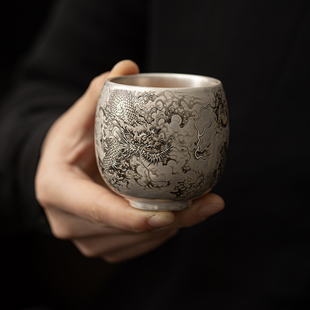 高端鎏银陶瓷茶杯个人专用家用龙年送礼主人杯墨龙银杯茶杯茶器