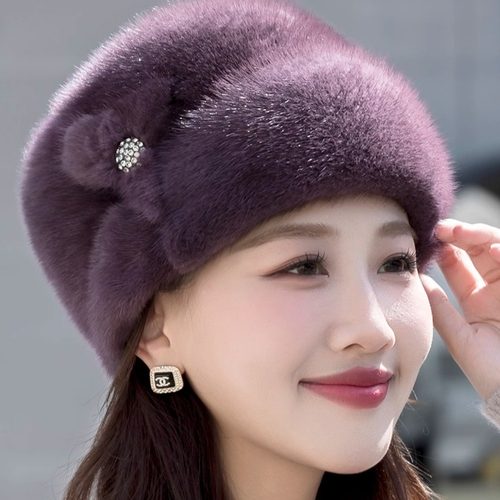 帽子女款2025新款妈妈款贝雷帽冬季女士洋气礼帽中老年水貂毛帽子