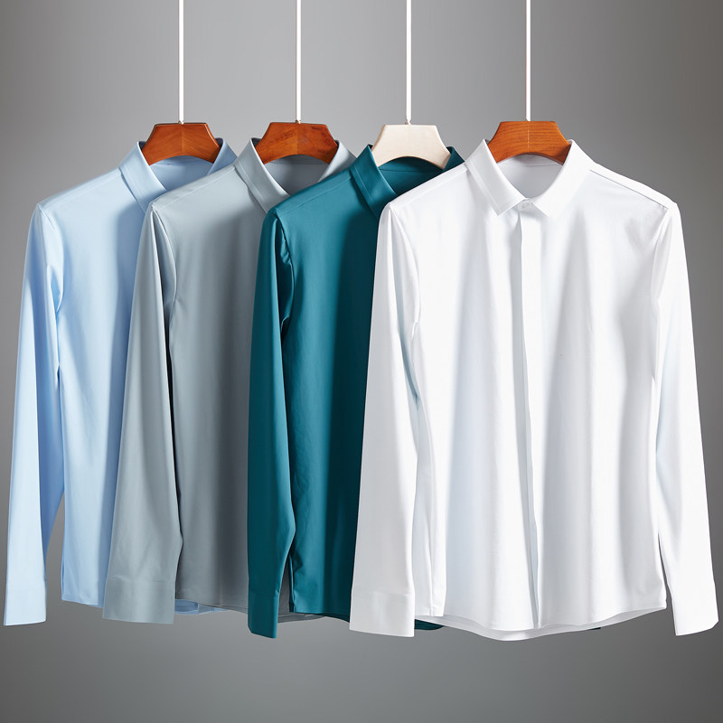 春夏高端正装丝滑冰丝弹力无缝压胶商务休闲免烫衬衫男士长袖衬衣