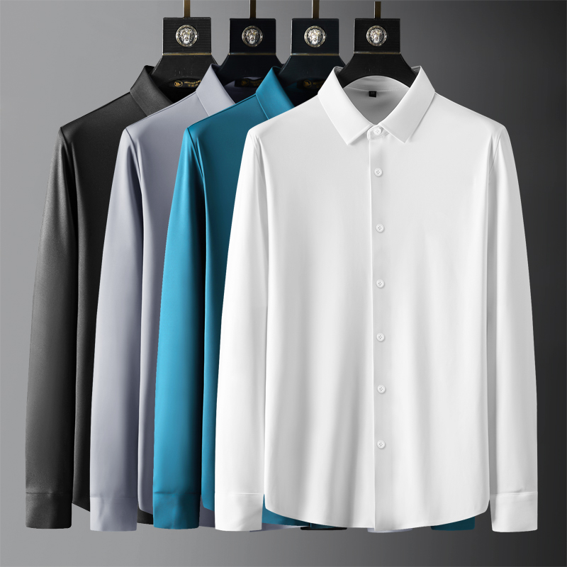 高端丝滑无痕弹力垂感免烫长袖衬衫男秋季加厚商务休闲长袖衬衣男