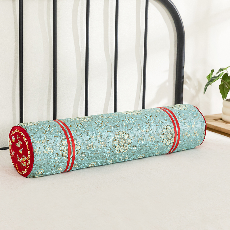 觅帛中式仿古圆形颈枕睡觉专用合欢花睡眠护颈椎高枕头桑蚕丝刺绣